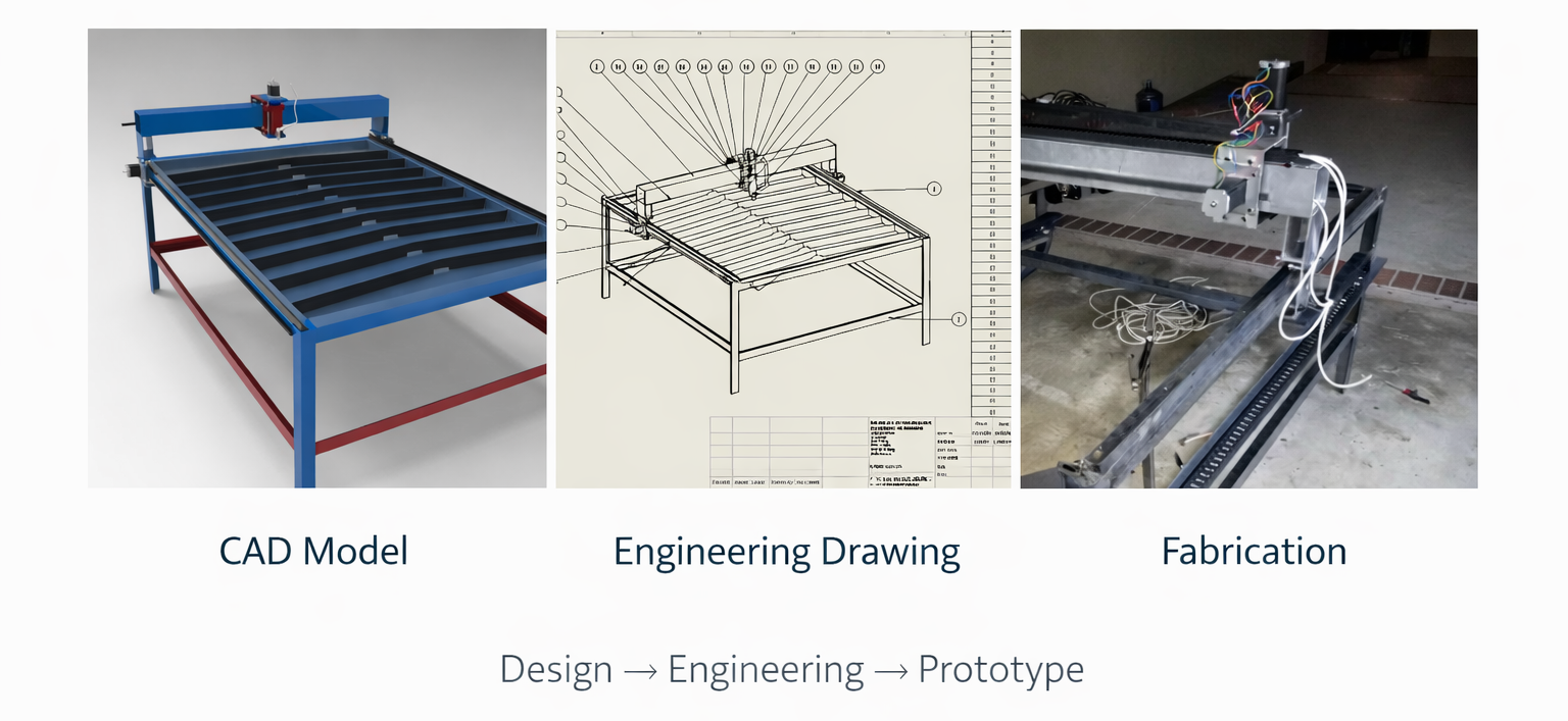 Mechanical design process showing CAD model, engineering drawing, and prototype fabrication